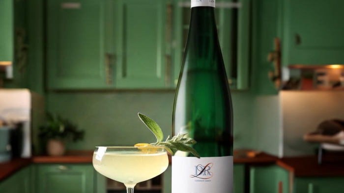 Slate & Sage cocktail recipe made with Dr. L Riesling, garnished with fresh sage leaves and served in a rocks glass.