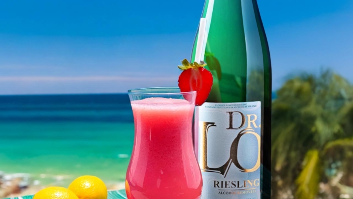 Berry Chill Out mocktail recipe made with Dr. Lo Alcohol-Removed Riesling, garnished with fresh berries.