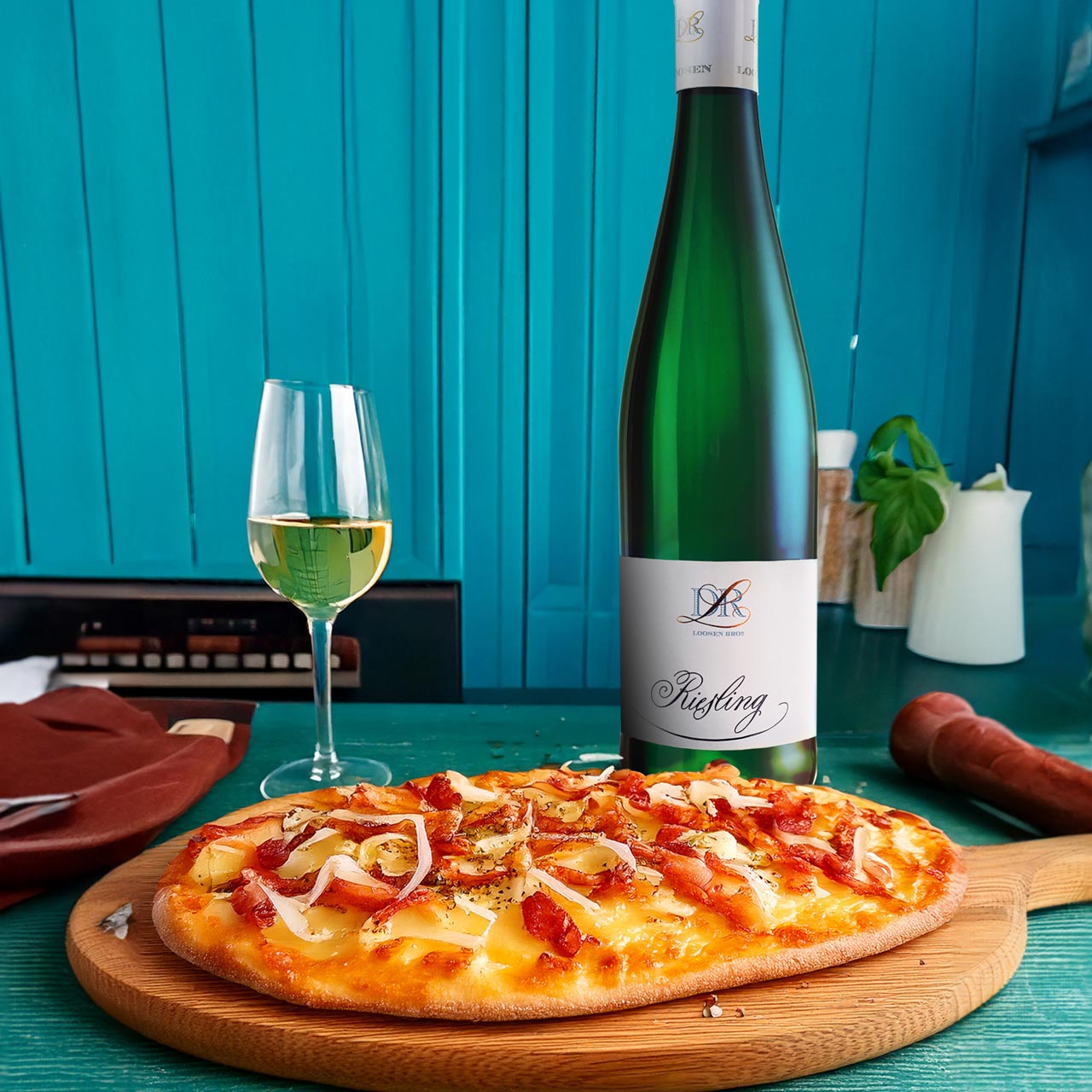 Alsatian Flammkuchen with  Dr. L Riesling